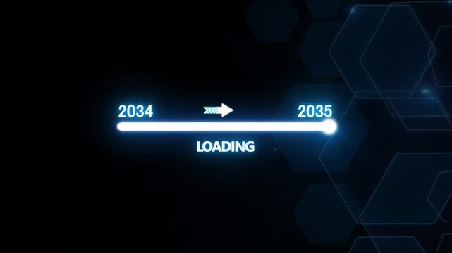 Futuristic loading bar progressing from 2034 to 2035 digital interface animation progress bar technology