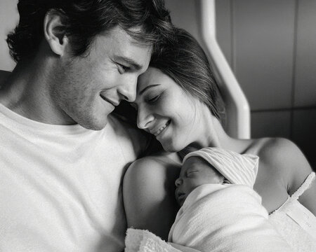 A tender black-and-white lifestyle photograph shows loving new parents cuddling their swaddled newborn baby.