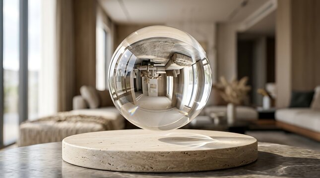 Luxurious modern living room with glass sphere on coffee table