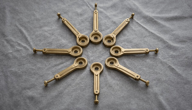 Eight identical brass mechanical connecting rods arranged in a circular star pattern on a textured grey fabric background, for technical display