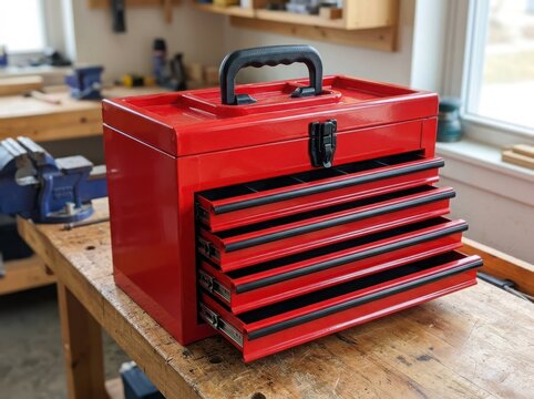 Red metal tool box with drawers sitting on a wooden workbench in a workshop