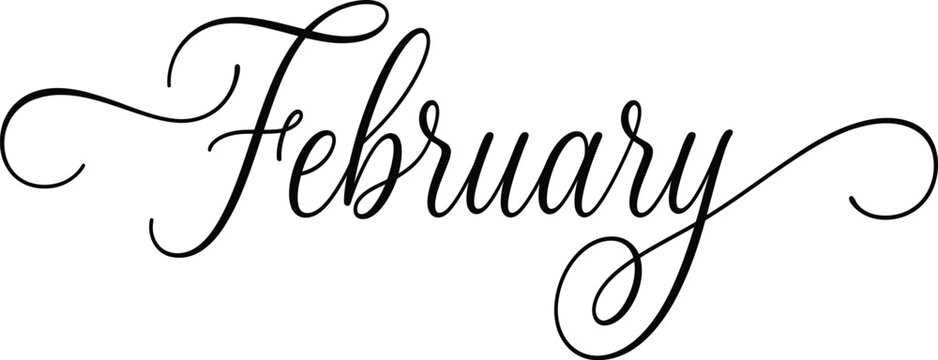 February Capital F Cursive Script Lettering with Curl Tail Black Typography Vector Isolated on Transparent Background