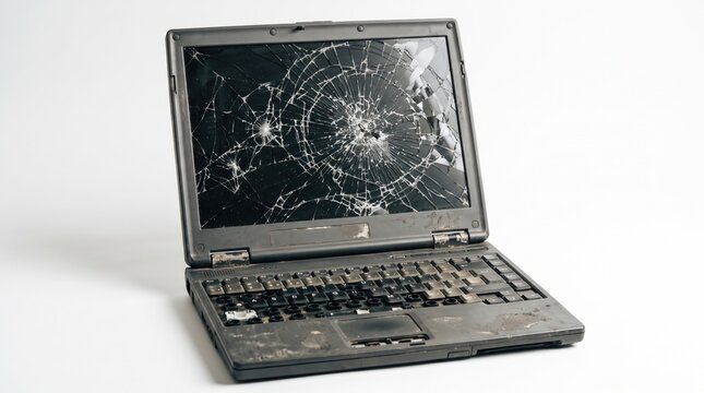 Old broken laptop with shattered cracked screen broken computer broken glass technology