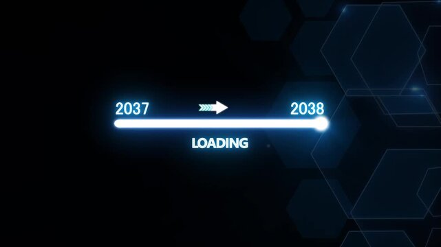 Futuristic loading bar progress animation with year transition from 2037 to 2038 for digital technology and software interface concepts