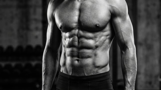 Strong muscular male torso with defined six pack abs and sweat after workout, muscular