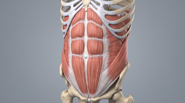 3D medical illustration of human abdominal muscles and rib cage anatomy with abdominal