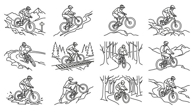 Mountain Biking Action Set: Diverse Off-Road Cycling Illustrations