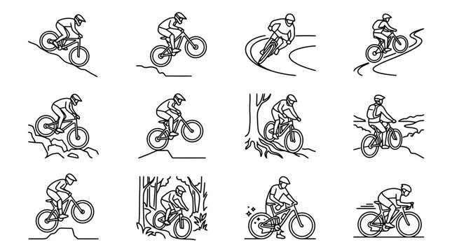 Mountain Biking Line Art Icons: Action Shots of Cyclists on Trails and Jumps