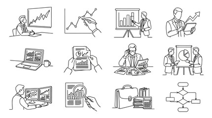 Fototapeta premium Business Analysis Icons: Charts, Graphs, Presentation, Workflow, Finance