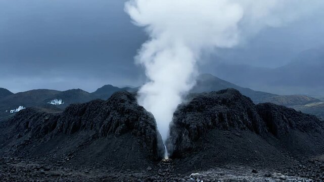 Volcanic steam rising from dark lava rocks. Geothermal vent emitting smoke in landscape.