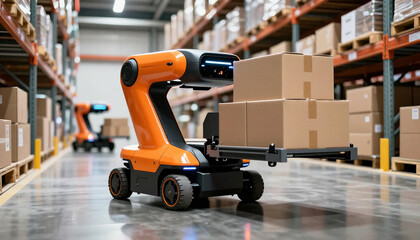 Fototapeta premium Autonomous forklift robot carrying cardboard boxes in modern automated warehouse for smart logistics