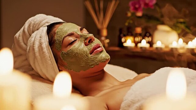 Woman relaxing with facial mud mask during spa treatment by candlelight