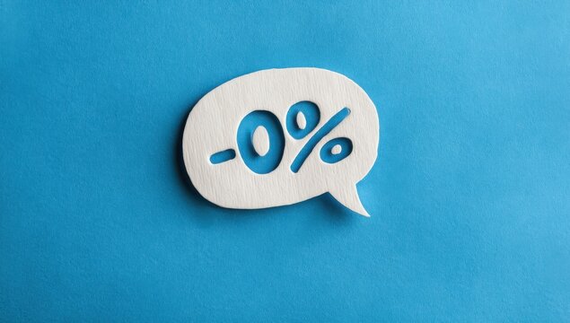 Paper cut speech bubble featuring a negative zero percent discount symbol representing interest rate or debt reduction on blue discount negative business marketing promotion interest