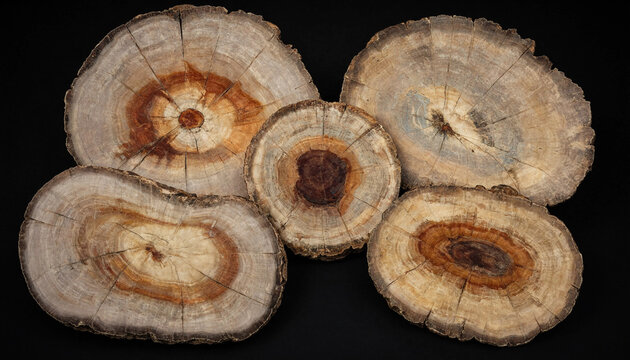 Five circular cross sections of petrified wood logs showing concentric tree rings and brown, tan, and grey textures on black background