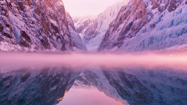 Majestic snowy mountains reflected in a lake. Stunning glacial landscape at sunrise.