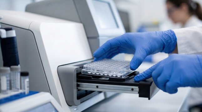 Scientist loading microplate into laboratory analyzer