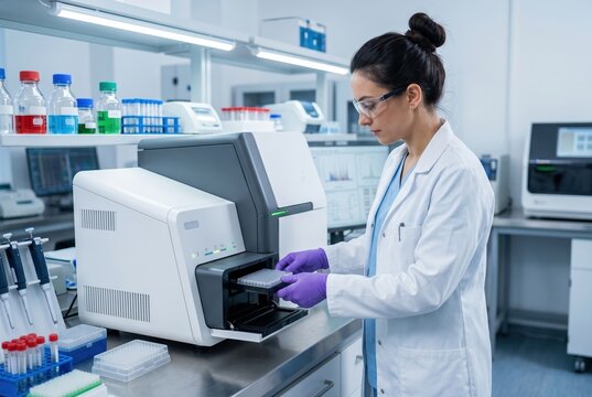 Scientist operating DNA sequencing machine in modern genomics laboratory