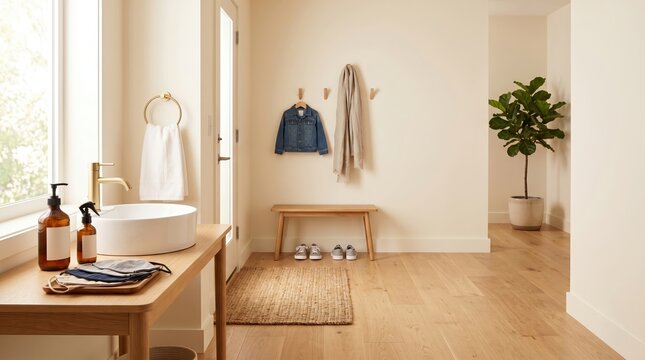 Modern home entryway with handwashing station and minimalist decor