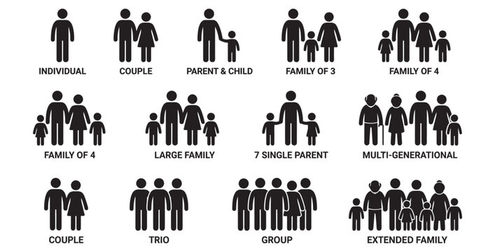 Family People Silhouette Icons Set Including Individual, Couple, Parent and Child, Family Group and Multi Generational Vector Collection