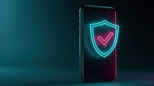 Handset showing a luminous cyan shield icon signalling verified mobile security