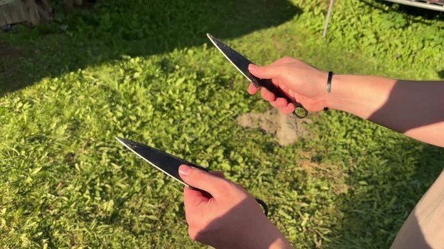 Professional throwing knives aimed at a natural target outdoors, precision sport, target practice, outdoor recreation, focus and skill.