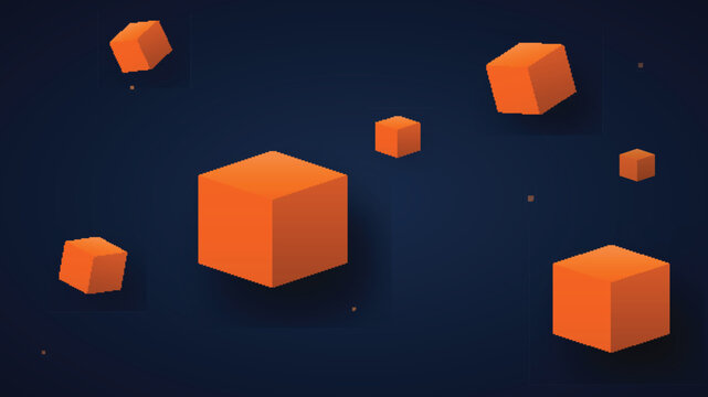 Floating orange 3d cubes on a dark blue background