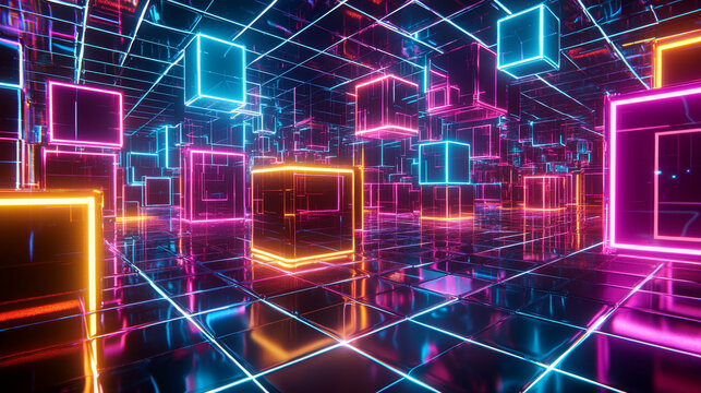 Neon glowing cubes futuristic digital grid vibrant pink blue orange light reflections abstract geometric shapes immersive cyberpunk atmosphere modern technology concept