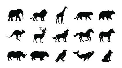 Obraz premium Black silhouette icons of various wild animals with animal silhouettes arranged displays collection black