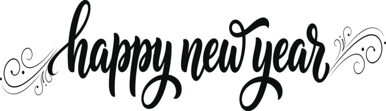 Happy New Year Lowercase Single-Line Cursive Script Lettering with Curl Flourish Black Typography Vector Isolated on Transparent Background