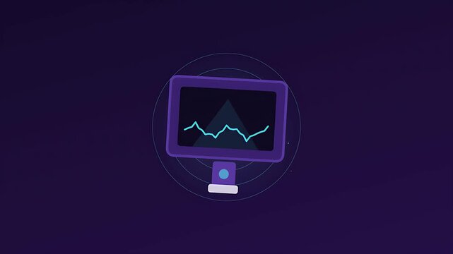 Glowing line graph animation displayed on a futuristic monitor screen showing financial data trends and statistical analysis loop on dark background