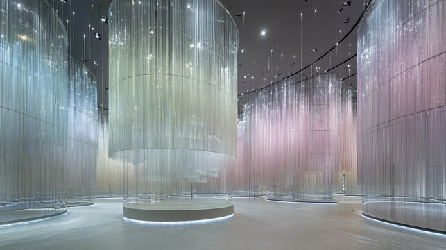 Curved floating panels soft pink and lemon translucent installation modern interior abstract art illuminated ethereal immersive contemporary exhibition space create dreamy atmosphere