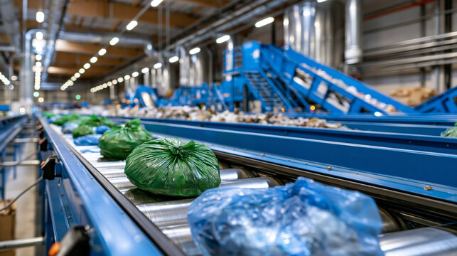 Bright industrial facility hall with organized electronics recycling lines and sorted material streams sustainable processing concept e waste management industrial ecology