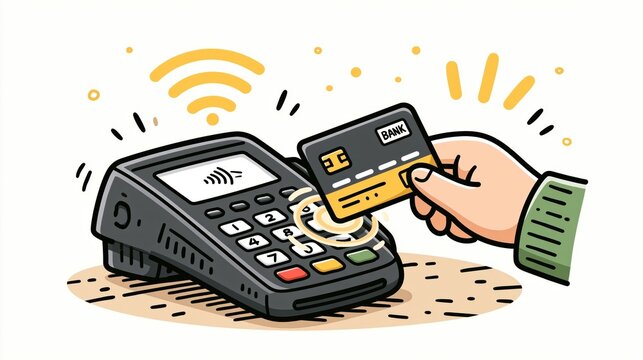 Card being held to a card reader with bright wireless waves on a warm background