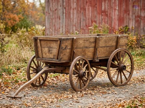Rustic wooden wagon with large wheels sitting on a stone path in a garden with fallen autumn leaves