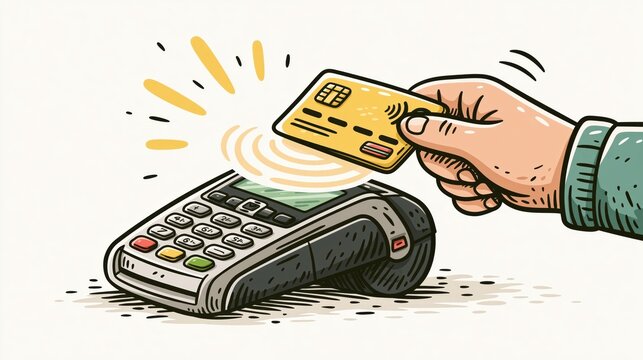 Yellow payment card touching a point of sale terminal in a cheerful flat illustration