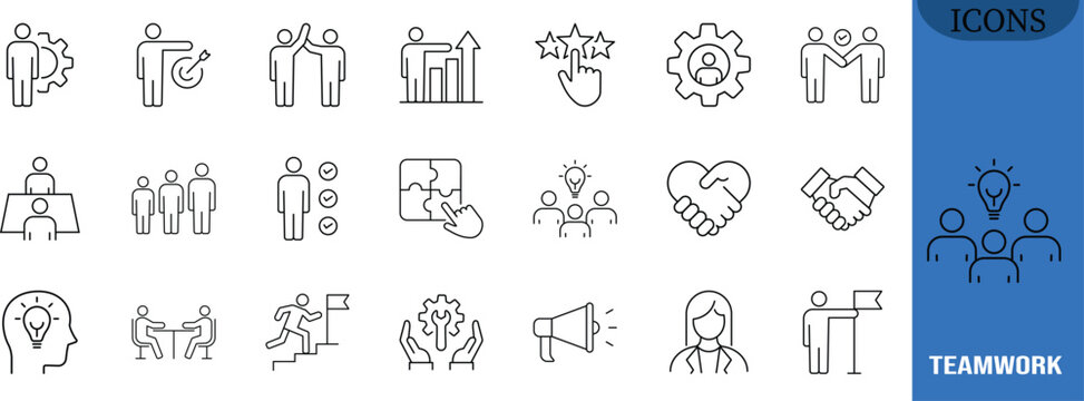 Business teamwork strategy success icons. handshake icon set, lightbulb icon set, gear icon set