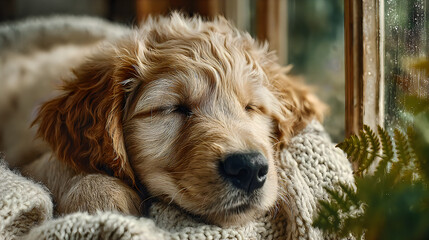 Obraz premium Adorable sleepy dog soft blanket cozy resting portrait Images