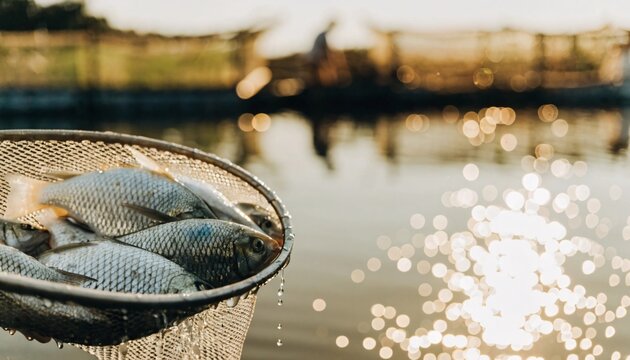 Fresh silver fish caught in a professional landing net by a fisherman during a golden sunset at an aquaculture farm for harvest