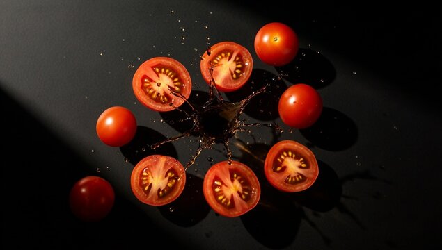 Slices of fresh cherry tomatoes exploding in mid air with balsamic vinegar splash drops