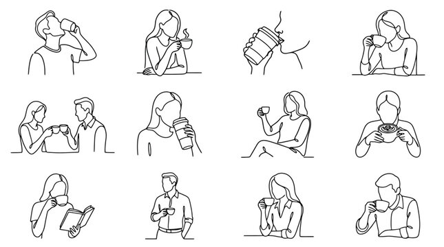 People drinking coffee and tea: diverse line art illustrations set