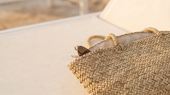 Woven straw beach bag resting on sunbed by the poolside  
