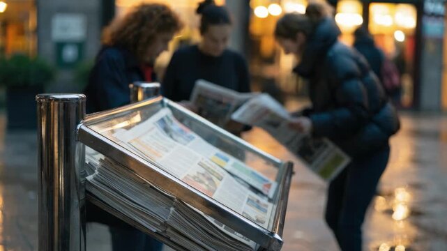 Closeup medium shot of a welllit newspaper stand with daily papers displayed clearly background softly out of focus with readers browsing in the evening light.