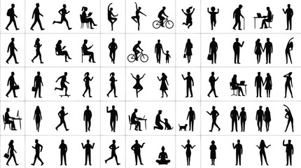 Silhouette People Set Vector Icons Daily Activities Poses Business Lifestyle © Charutha