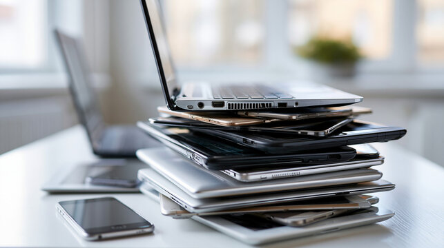 Pile of used laptops tablets and smartphones neatly stacked on a bright white desk technology donation concept e waste reuse upcycling initiative device second life