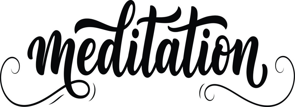 Meditation Script Lettering with Trailing Swirl Flourish Black Typography Vector Isolated on Transparent Background