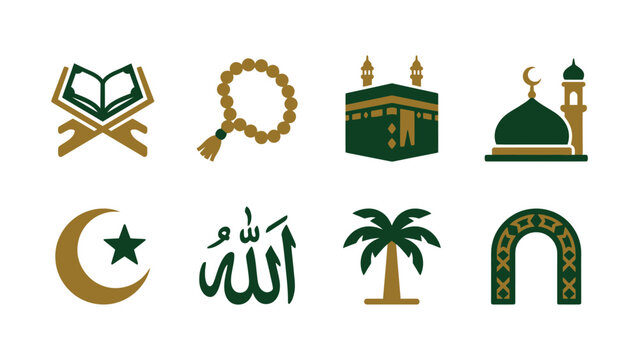 Islamic culture and religious symbol icon set in green and gold flat design style with religious symbols