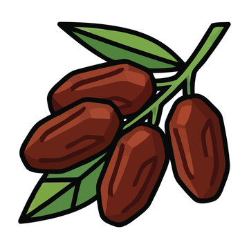 Stylized illustration featuring a cluster of brown dried date fruits attached to green foliage stems