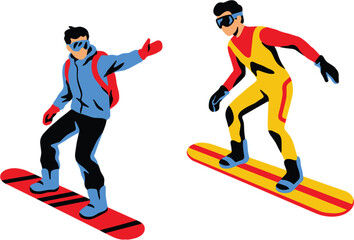 Fototapeta premium Snowboarder characters performing winter sports tricks, colorful cartoon vector illustration set for skiing adventure and outdoor recreation