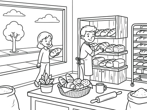 Bakery scene coloring pages design customer buying bread from baker printable activity for kids and adults