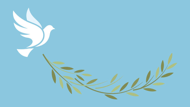 Minimalist white dove flying above curved olive branch against light blue sky background design